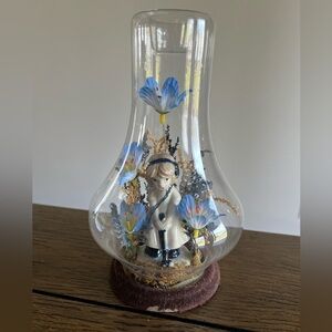 Vintage Glass Dome Floral Cloche with Porcelain Girl Figure Blue Willow Flocked
